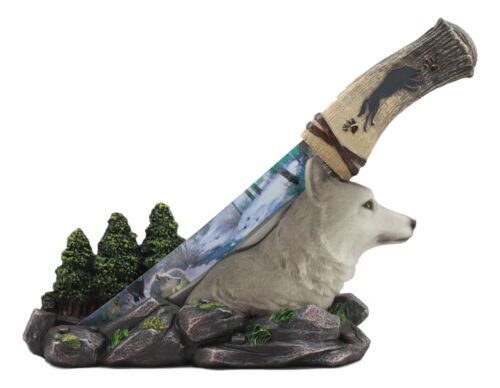Ebros Gray Wolf In Forest Centerpiece With Hunting Knife Letter Opener Statue - Picture 3 of 10