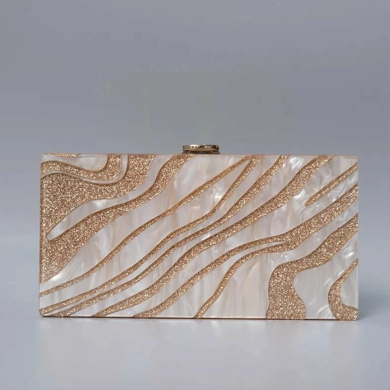 Women Party Clutch Purse Wedding Evening Bag Gold Sequin Striped Box Clutch - Image 2 of 4