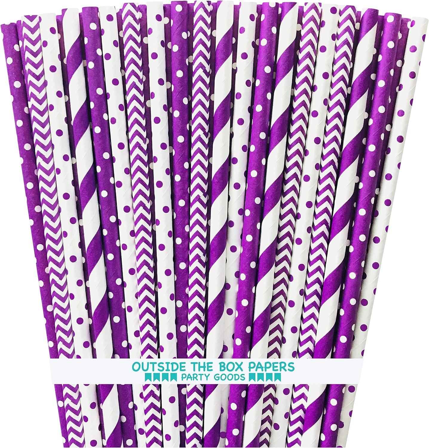 Pajitas de papel púrpura - Lunares Chevron a rayas - 7,75 pulgadas - Paquete de 100 - Marca