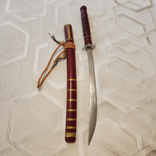 Vintage Thai Dha Sword Daab Knife w/ Wood Scabbard Brass Trim Southeast Asian