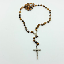 Handmade Jerusalem Wooden Bead Rosary Necklace Silver Tone Crucifix Faith Gift