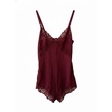 Vtg Burgundy Lace Trim Teddy Bodysuit Playsuit Sz M No Tag Dainty Intimate