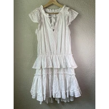 MISA Los Angeles Ruffle Mini Dress White Eyelet Tiered Flutter Sleeve L