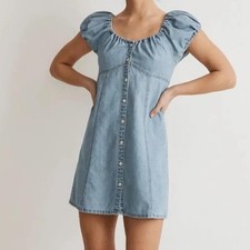 Madewell Womens Margie Denim Babydoll Dress Size 8 Y2K Preppy Puff Sleeve Mini