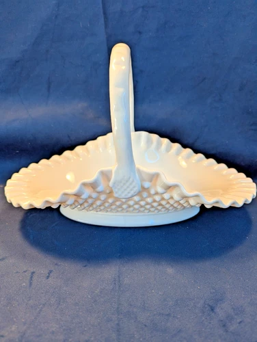 Vintage Fenton Hobnail Milk Glass Large Oval Ruffled Basket 13" wide