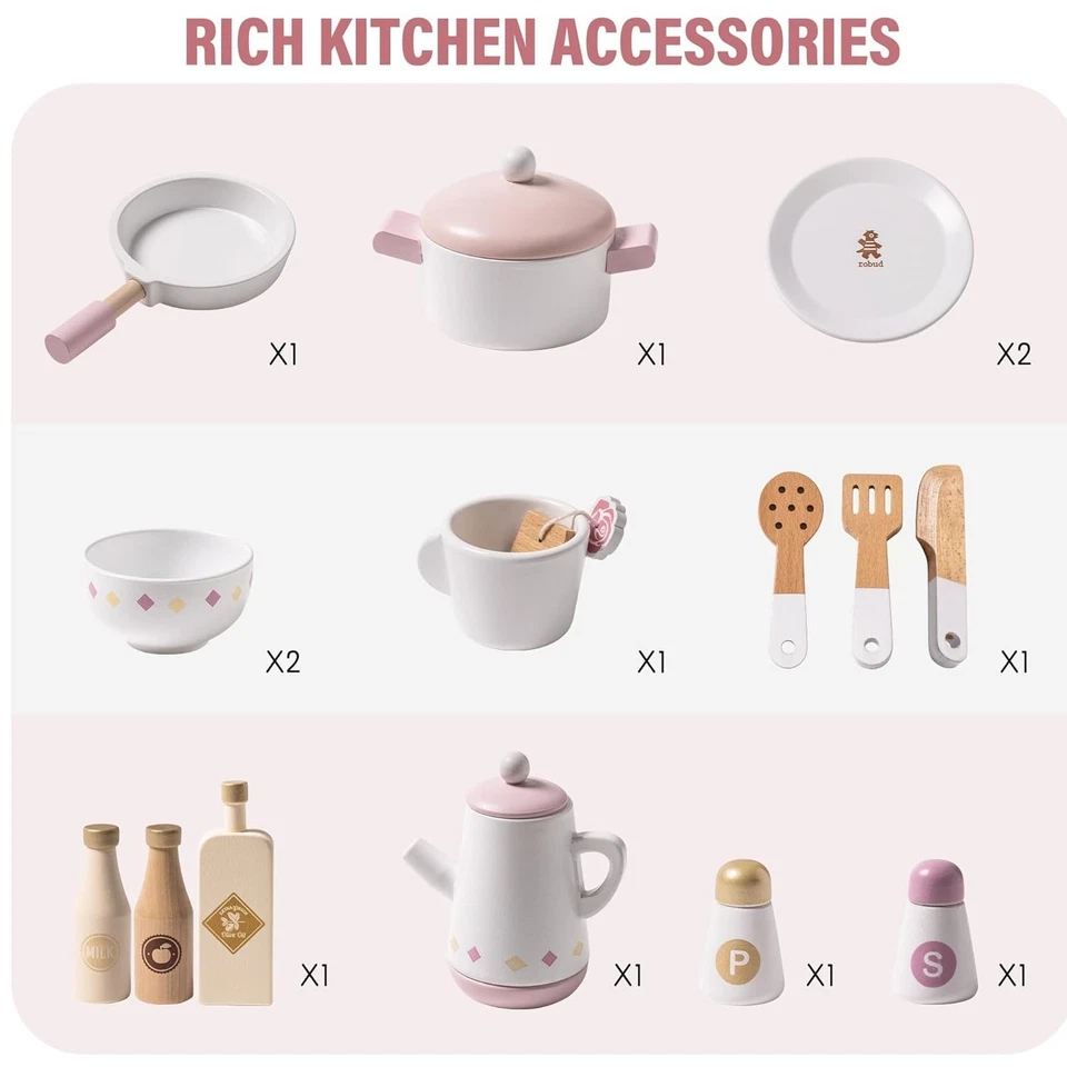 Robud Pink Wooden Play Kitchen Set Toddlers with Accessories Gift for Girls Boys - Image 2 of 4