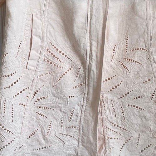 Chico’s 100% Linen Jacket Peach Eyelet Embroidered Sz M Zip Front 3/4 Sleeves - Picture 5 of 13
