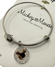 Disney Mickey Mouse Silver Plated Bangle Charm Bracelet Pave New