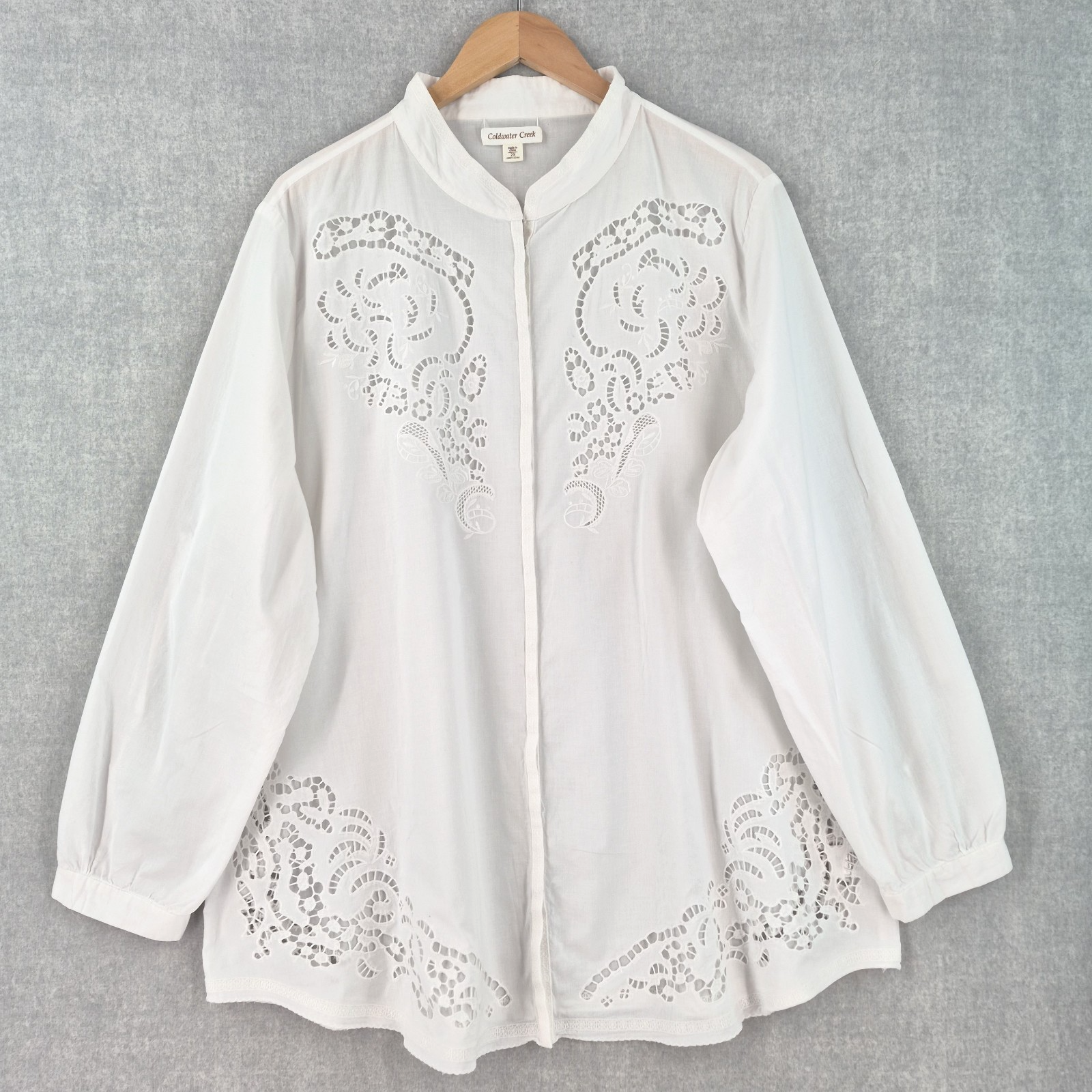 Coldwater Creek Shirt Womens 2X White Embroidered Eyelet Boho Tunic Cotton Top