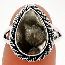 Natural Black Flower Fossil Coral 925 Sterling Silver Ring s.7 Jewelry R-1014