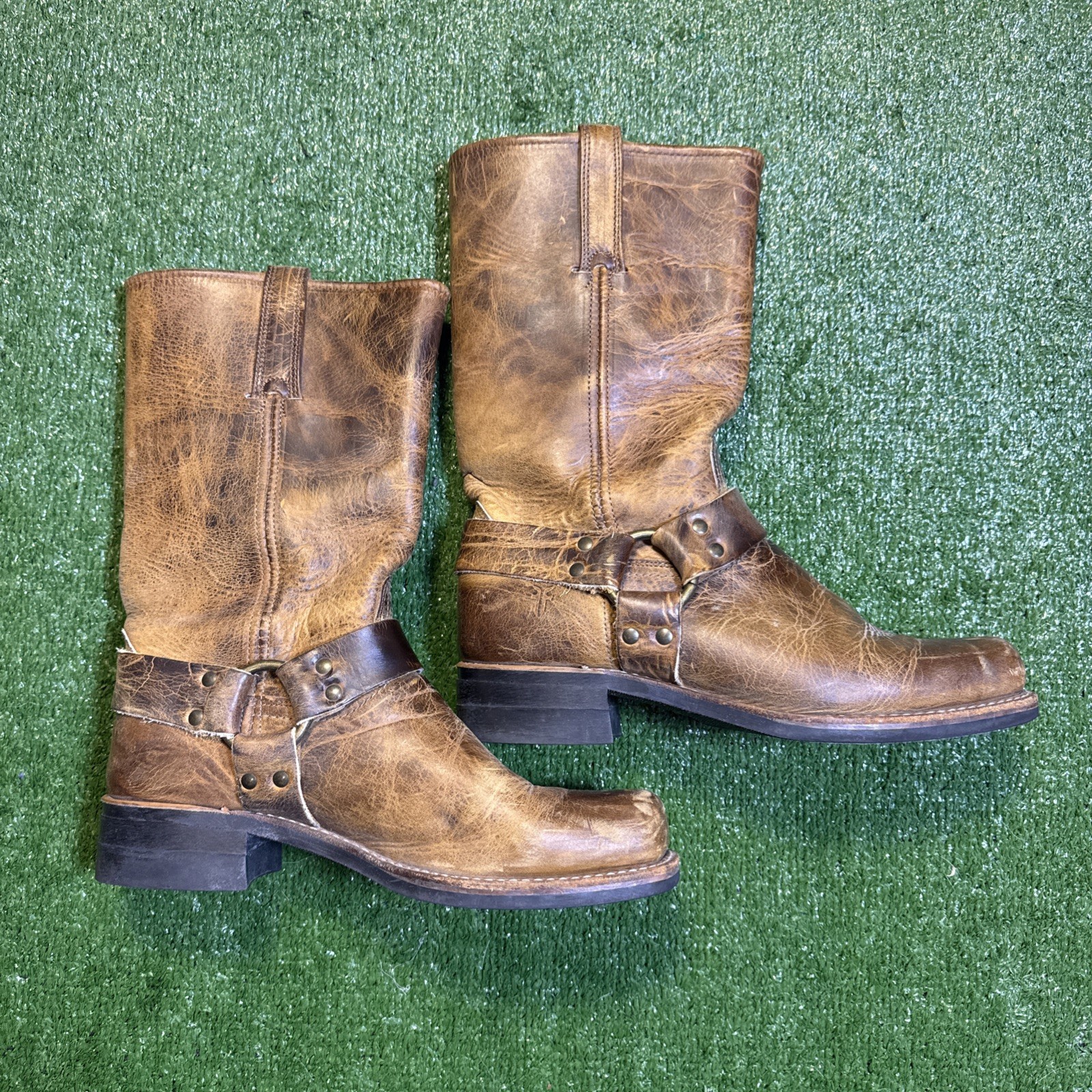 Frye Brown Square Toe Buckle Harness Moto Boots Mens 10 Biker Distressed