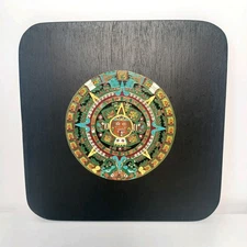 Mexican Folk Art Aztec Calendar Brass Enamel Sun Stone Painted On Wood Plaque  