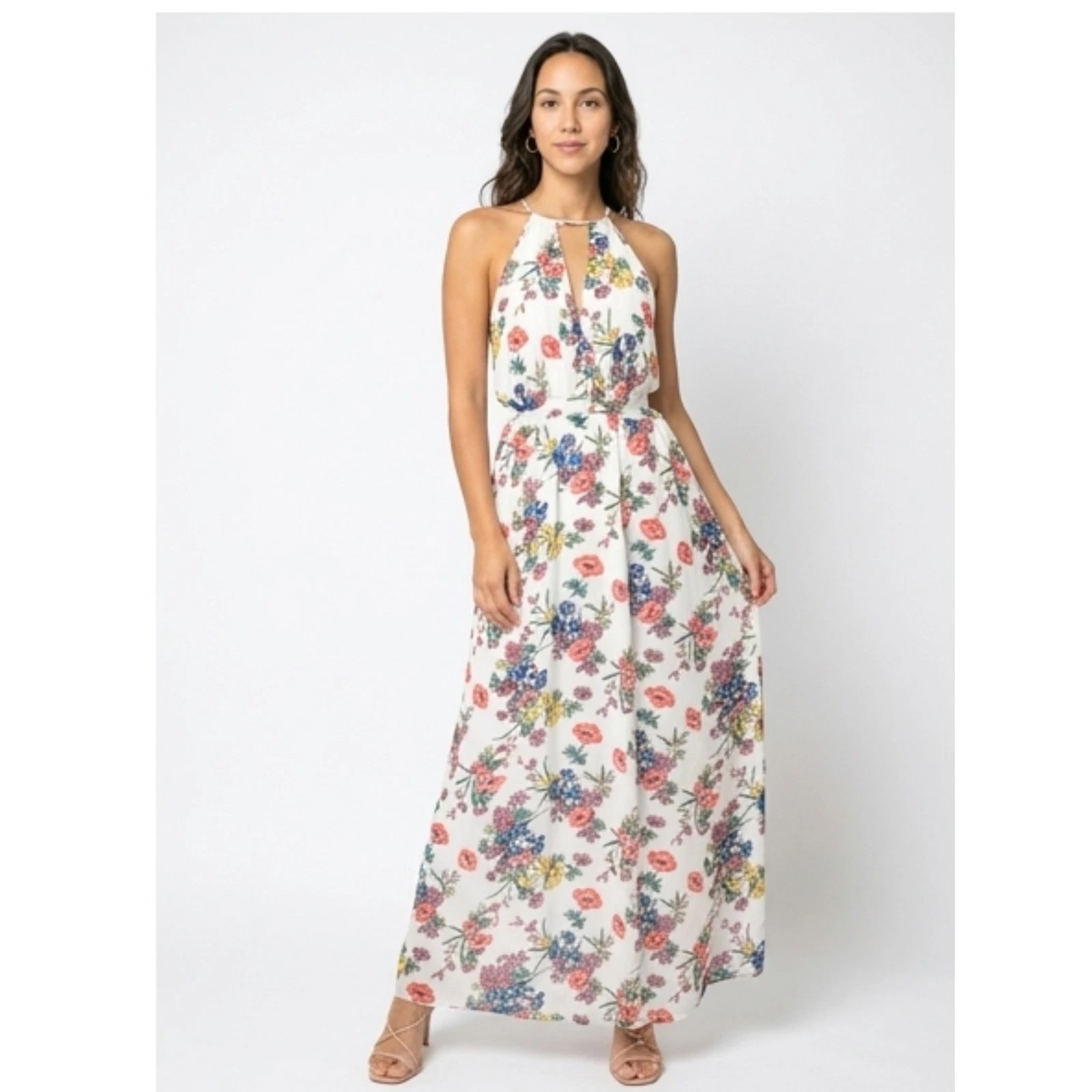 Floral Halter Maxi Dress White Multi Color Cutout Waist Summer Wedding Guest
Opens in a new window o
