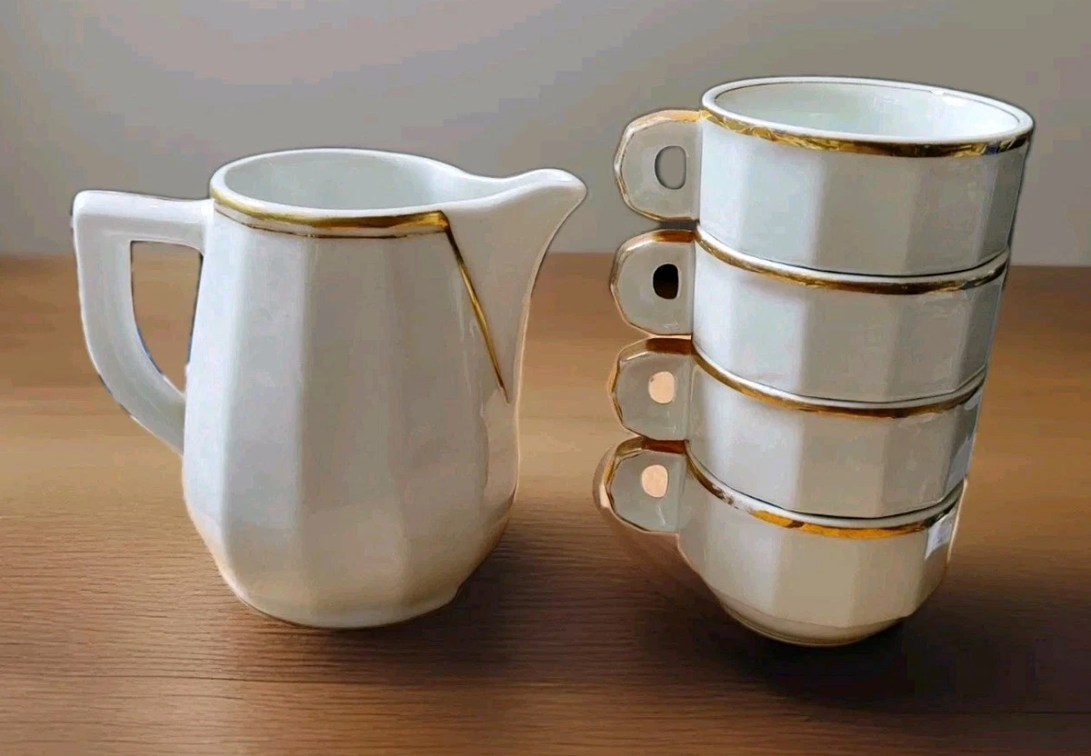 Lot De 4 Tasses De Bar Bistrot Vintage - Blanc Et Dorure - Idéal Espresso - Occasion