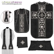 Chi Rho embroidery - Black Roman Chasuble Fiddleback Vestment and Mass set