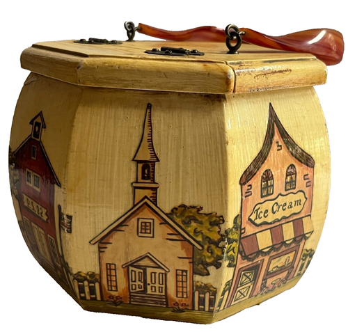 1960s Decoupage Wood Purse Sewing Box Lucite Handle Fabric Lined Octagon Vintage - Picture 11 of 19
