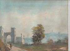 QUADRO DIPINTO A OLIO SU CARTA PAESAGGIO CAVALIERE RUDERI CITTA' FIRMATO BIANCHI