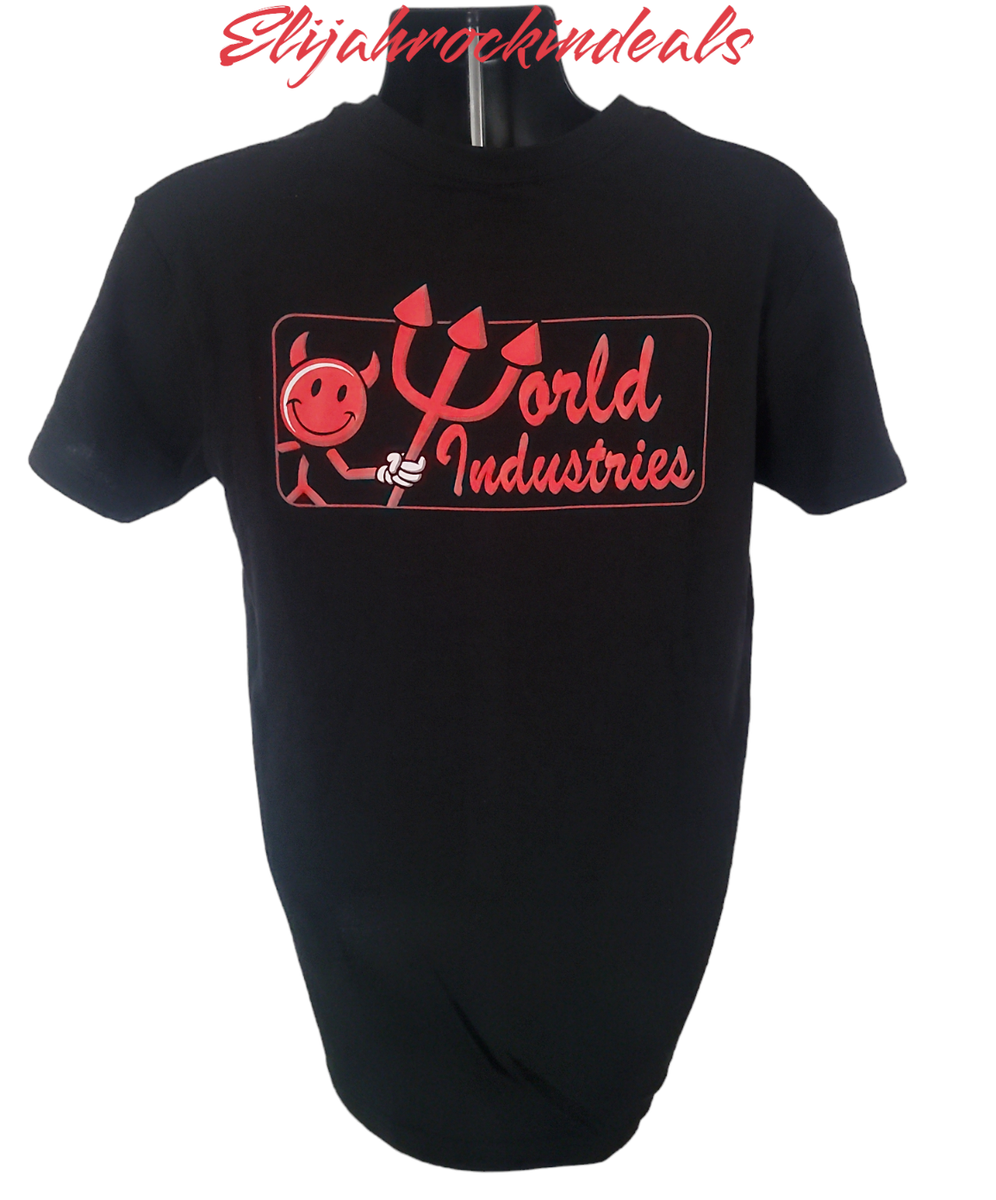 RARE NEW MENS WORLD INDUSTRIES SKATEBOARD LOGO DEVIL MAN BLACK T