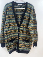 Vintage Womens Cardigan Sweater Large Print 100% Cashmere Knit V-Neck Oversized