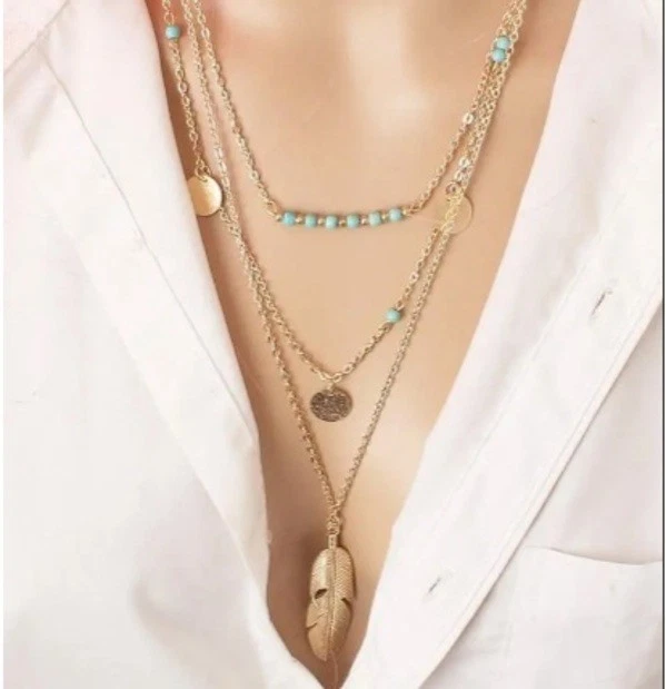 Zara 18K Gold plated new 3 layer necklace chain coin turquoise feather detail - Image 3 of 4