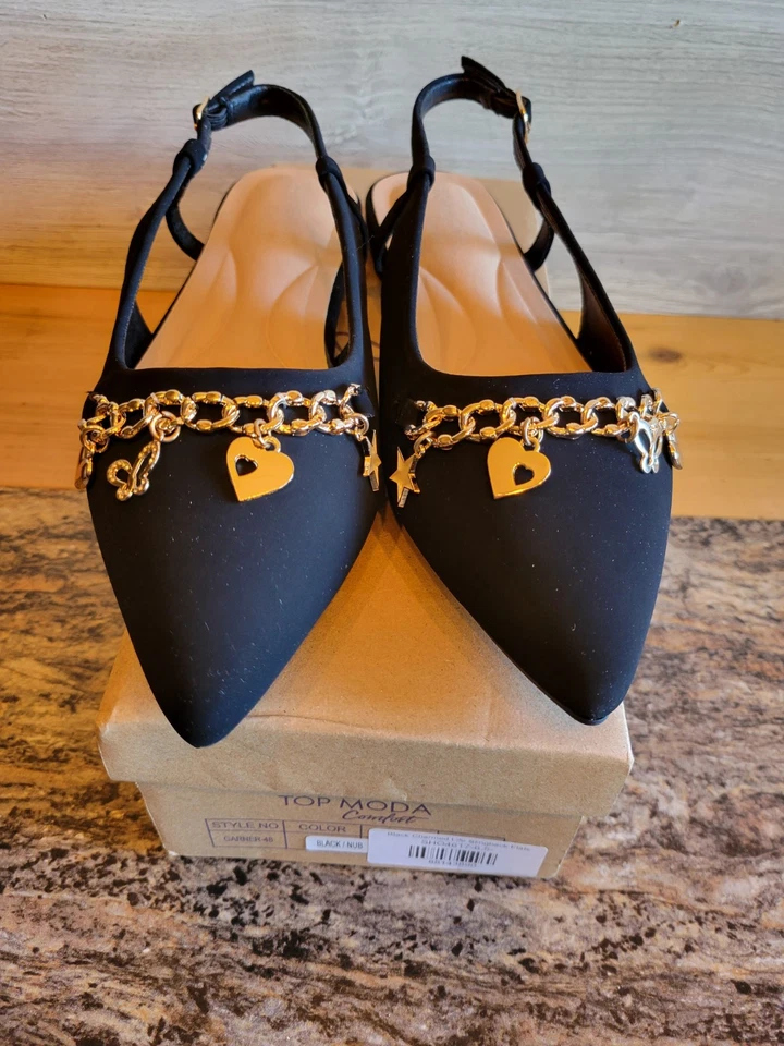 Berloque feminino novo em folha com caixa tamanho 8 biqueira pontiaguda preta - Imagem 3 de 4