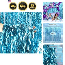 Wavy Tinsel Foil Fringe Curtains Teal Blue Streamers Backdrop for Ocean Theme...