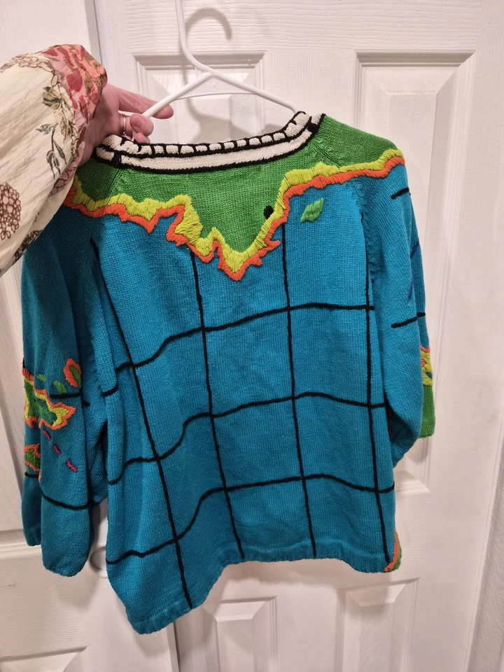 Micheal Simon Women's Sweater Size M Blue Multi-Color Embroidered World Map - Image 4 of 4