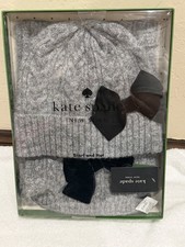 New in box Kate Spade Scarf and Hat Set Gray With Black Bow Winter Accessories