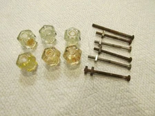 Set of 6 Antique Vintage Clear Glass 1" Drawer Cabinet Pulls Knobs w/ Hardware