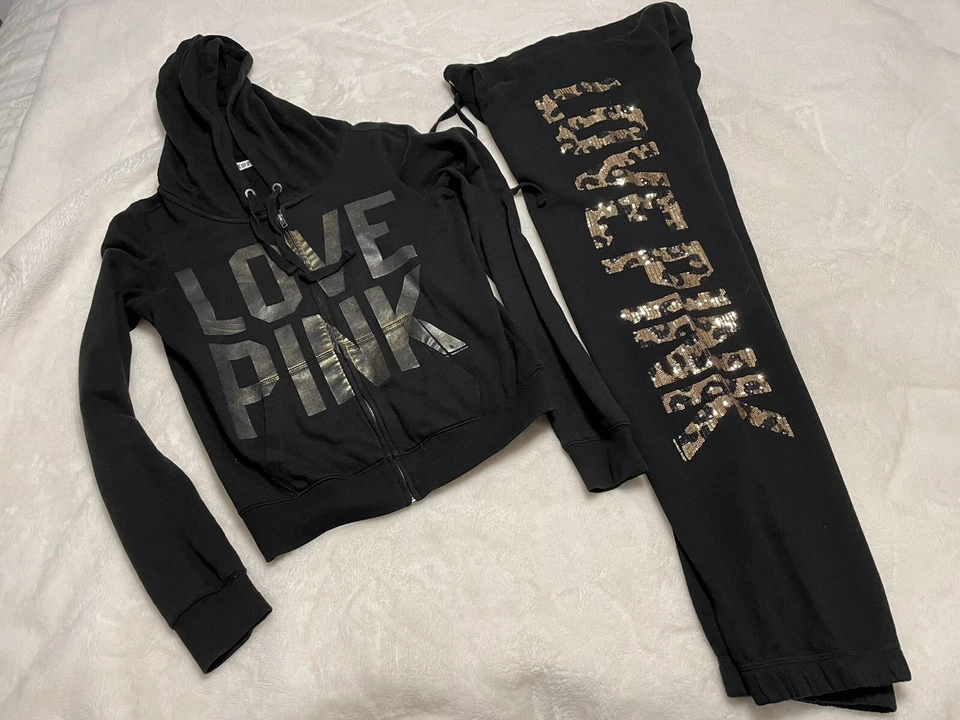 PINK Victorias Secret 黑色猎豹亮片套装运动服连帽衫 中号 — 第 2/4 张图片