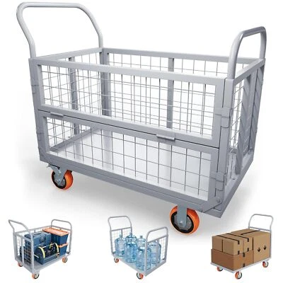 LEDKINGDOMUS Platform Truck Cart W/Cage Foldable Flatbed Cart for Grocery & Warehouse 2000LBS