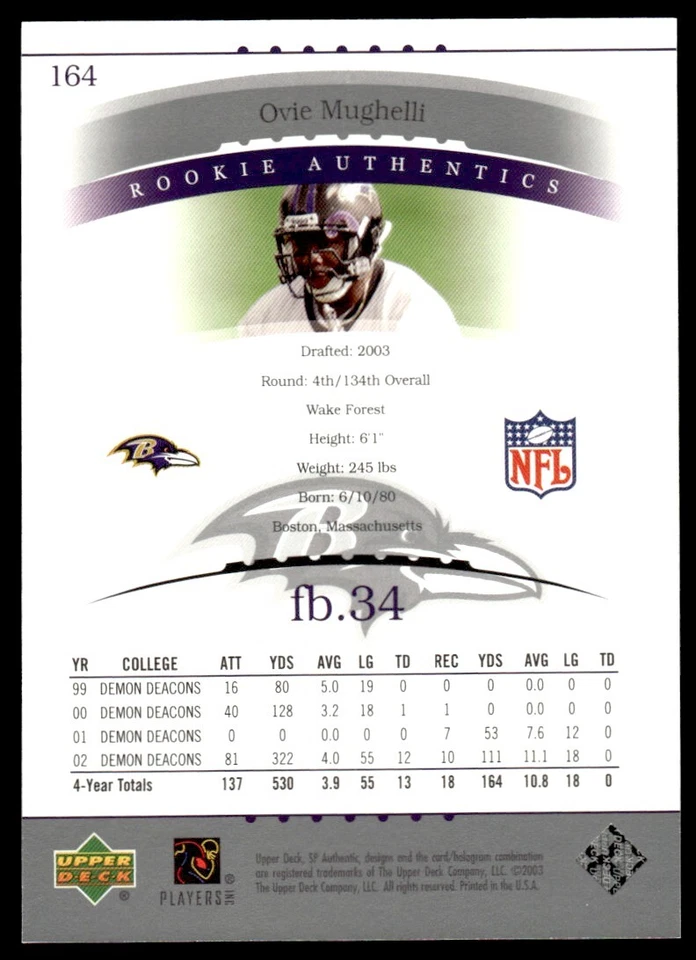 2003 SP Authentic Ovie Mughelli Rookie /1200 Baltimore Ravens #164 R100 - Image 2 of 2