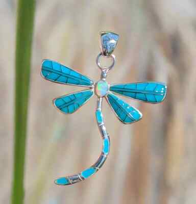 LARGE 2'' Sterling Silver Handmade Inlay Turquoise & Opal Dragonfly Pendant