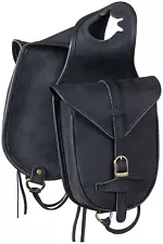 Western Soft Leather Saddle Horn Trail Bags - Black Leather
