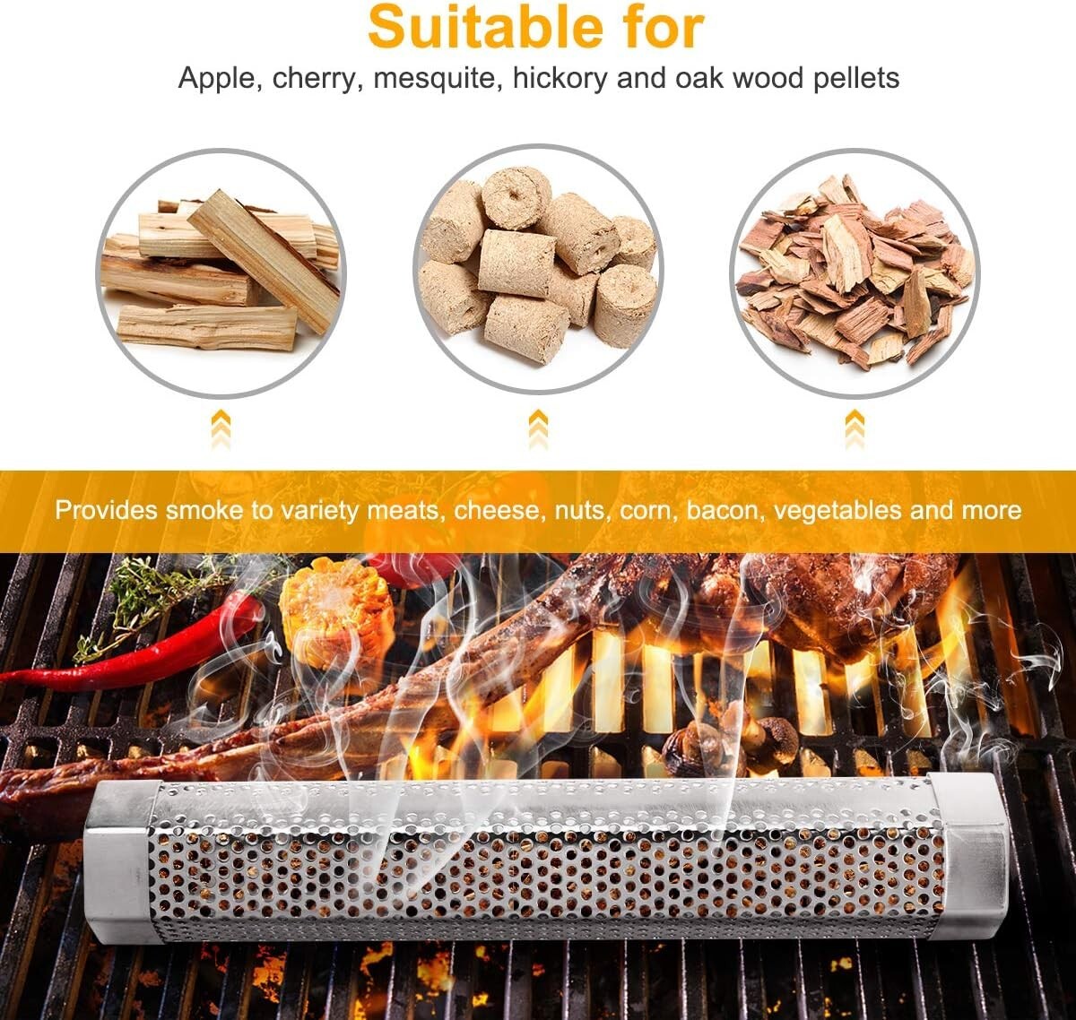 1 Pack or 2 Pack 12'' Stainless Steel BBQ Wood Pellet Tube Smoker