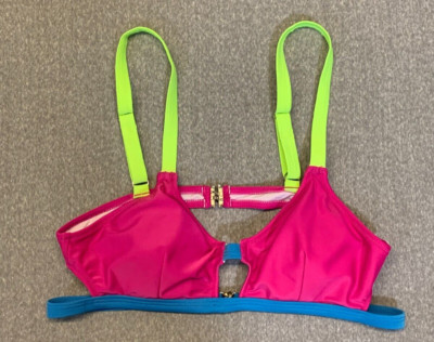 Color Block Bikini Swimsuit TOP Womens size Medium Yellow Pink Blue Modern Fun