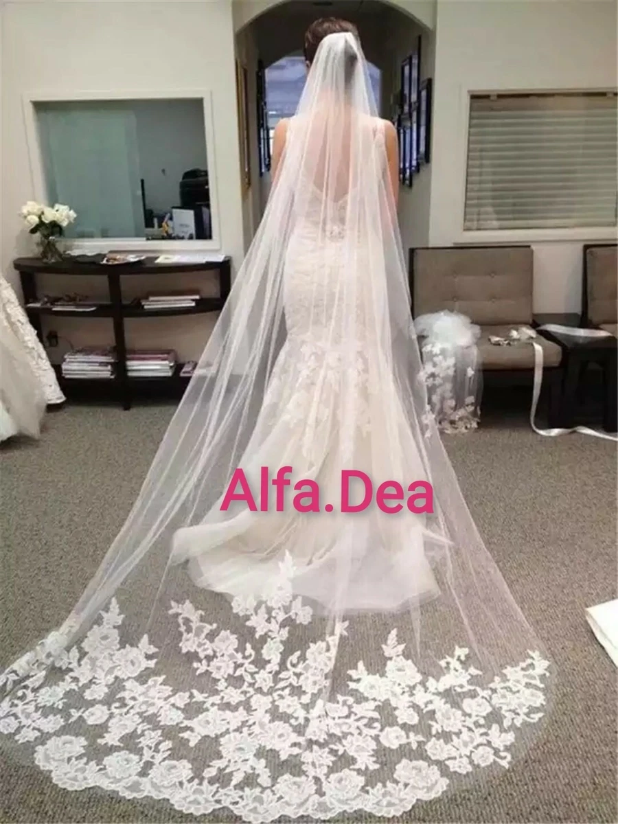 VELO VELI DA SPOSA MATRIMONIO TULLE PIZZo lungo con pettine già cucito  ricamato