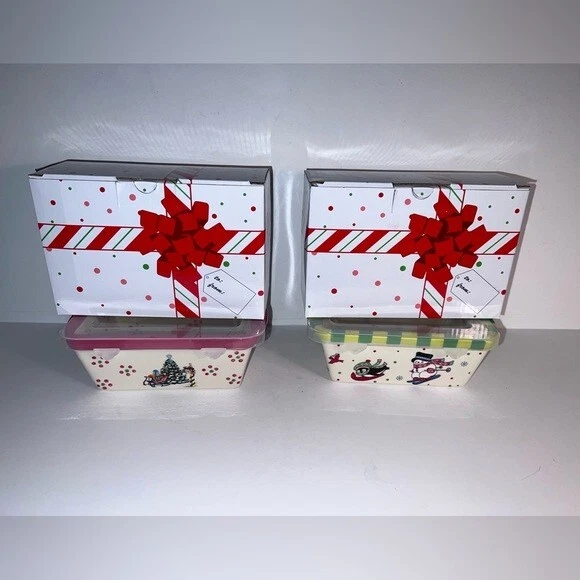 Temptations , NWT, 2 ceramic, holiday 12 ounce mini loaf pans with plastic lids