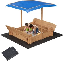 Wooden Sandbox with Cover,with 2 Bench Seats,Rotatable Canopy, Adjustable Height