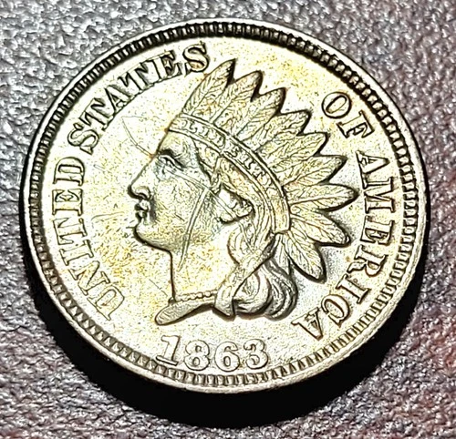 1863 Indian Head Cent About Unc AU Cleaned Copper Nickel 19th C. Type Coin IHC