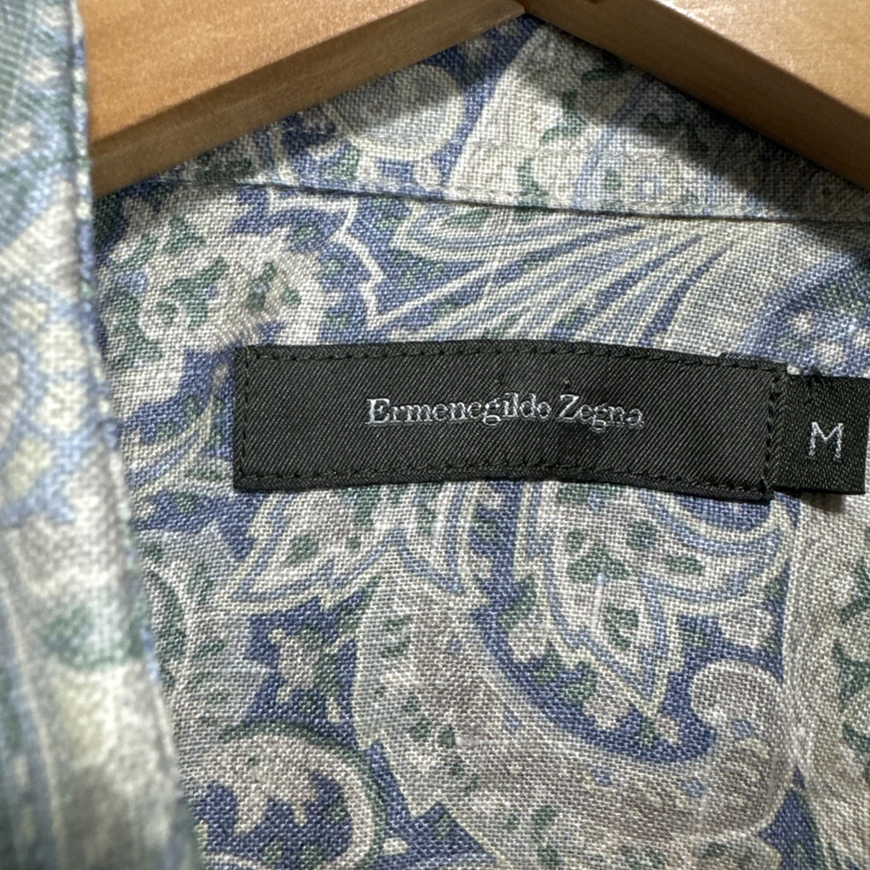 Camisa Ermenegildo Zegna Botón Para Hombres M Verde Paisley 100% Lino Camisa Ligera Foto 3 de 4