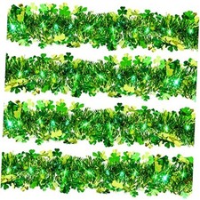 65.6 Feet St. Patrick's Day Tinsel Garland with Lights Lucky Clover Green