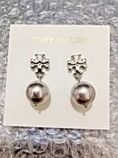 Authentic Tory Burch TB logo Grey pearl earrings