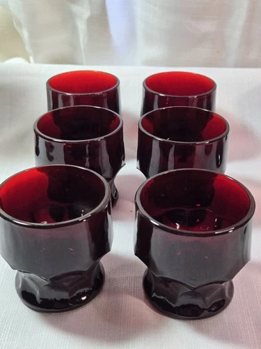 Vintage Ruby Red Honeycomb Glasses Anchor Hocking Georgian 3" Set Of 6