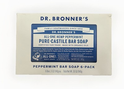 Dr Bronner's Pure Castille Peppermint Bar Soap, 5 Ounce, Pack of 6