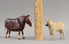 Antique Carved Painted Wood Folk Art Horse & Putz German Stick Leg Woolly Sheep