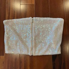 ZARA Iridescent Cream White Tube Top Sequin Sleeveless Party NYE Club Size Small