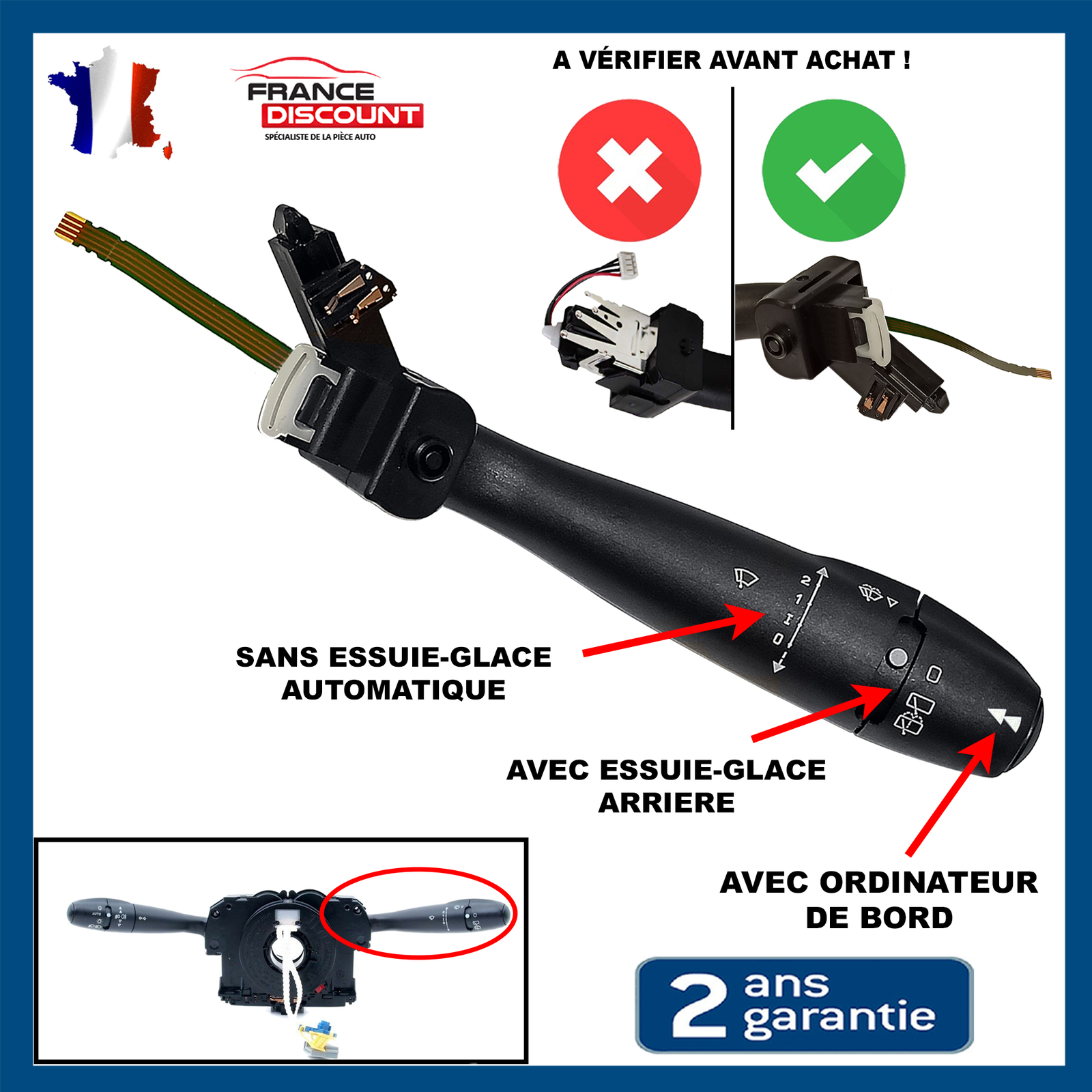 Commodo essuie-glace Com2000 commande plastique noir fonction mémoire Peugeot 307 308 Citroën