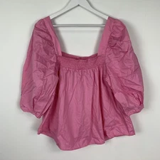 H&M Womens XXL Blouse Top Puff 3/4 Sleeves Square Neck Solid Hot Pink