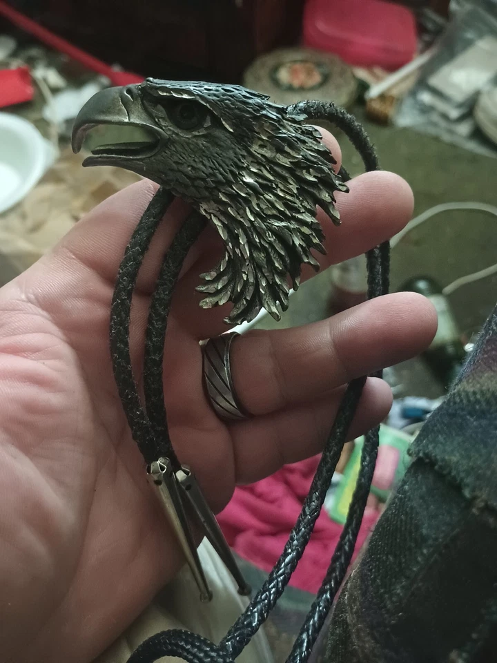 De Colección EJC American Bald Eagle Bolo Corbata Cuero Peltre Trenzado Western Plata EE. UU. Foto 3 de 4